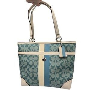 Coach Signature‎ Canvas Tote Bag Purse Handbag Blue White Stripe